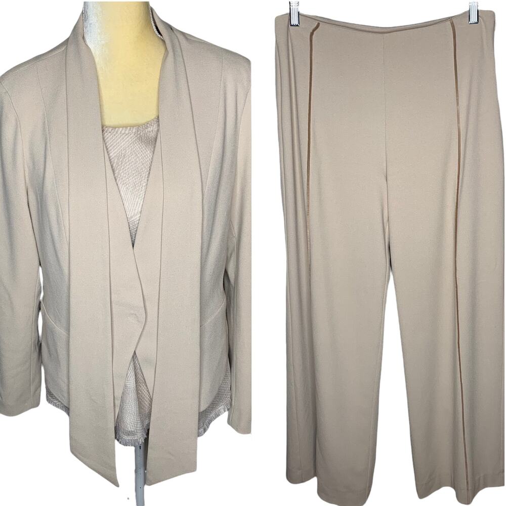 H Halston 3 Piece Outfit Suit Set Size 8 Beige Champagne Blazer Pants E3-11